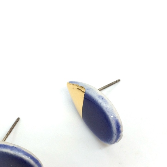3/$30 PORCELAIN GOLD DIP BLUE GLAZE TEARDROP STUD EARRINGS STERLING SILVER PETAL - Picture 12 of 16